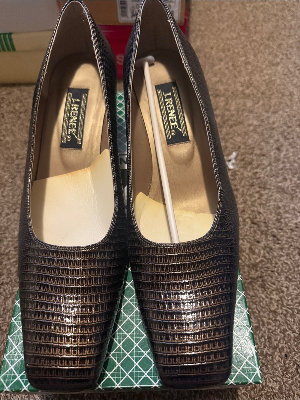 J.Renee Brown Textured Leather Square-Toe Pumps Kitten Heeks block size 10M